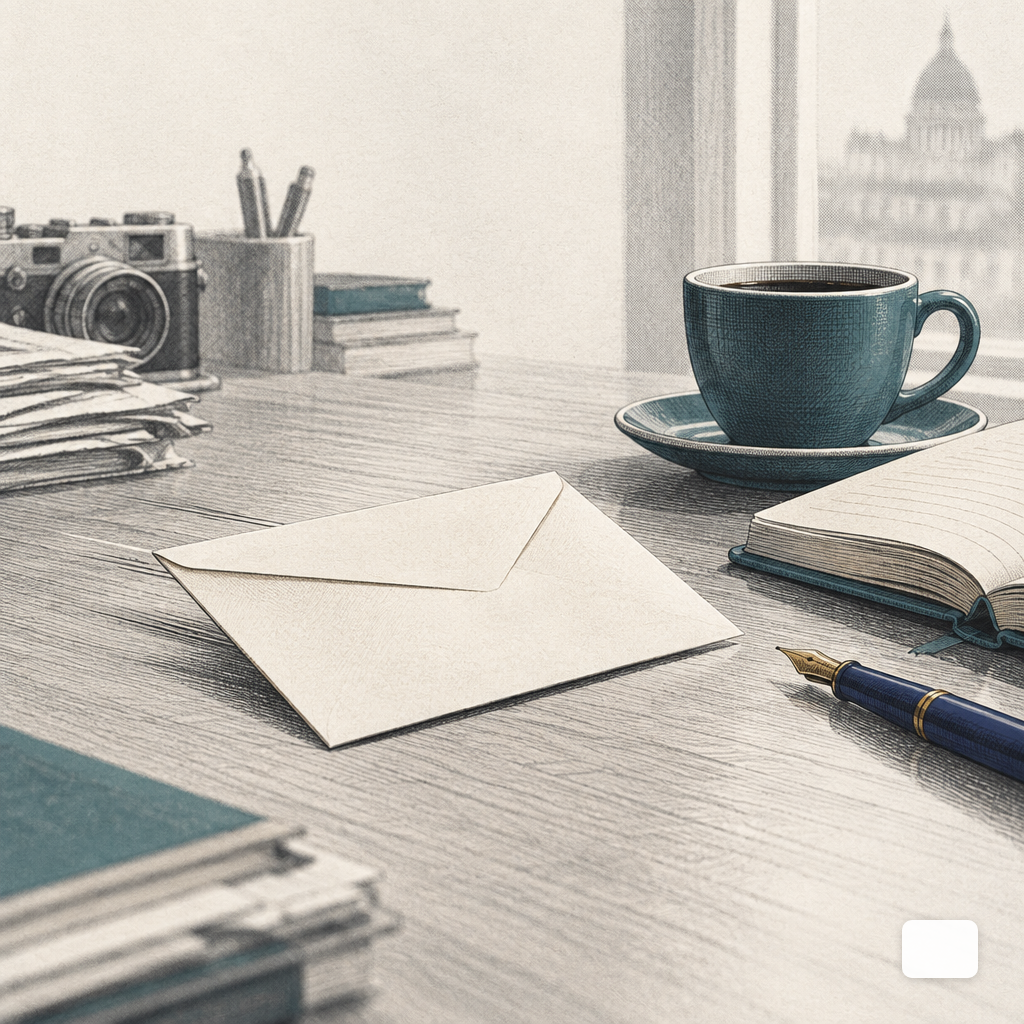 An unmarked envelope sliding across a reporter's cluttered desk beside a coffee cup and open notebook.