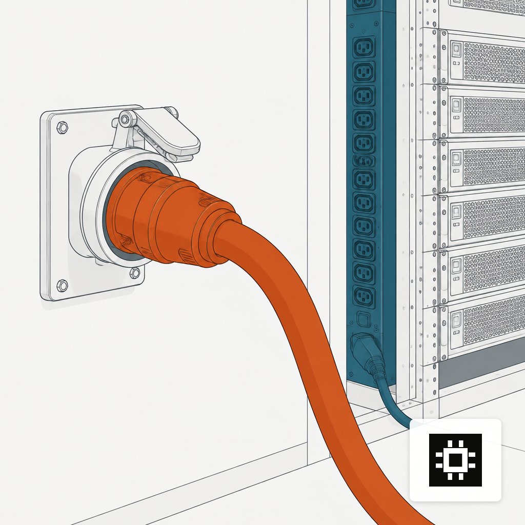 A NEMA L6-30 twist-lock plug seated in a 240V receptacle feeding a rack PDU.