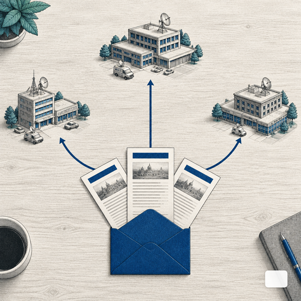 Three duplicate paper releases fanning out from one envelope across a desk-top map of small newsroom buildings