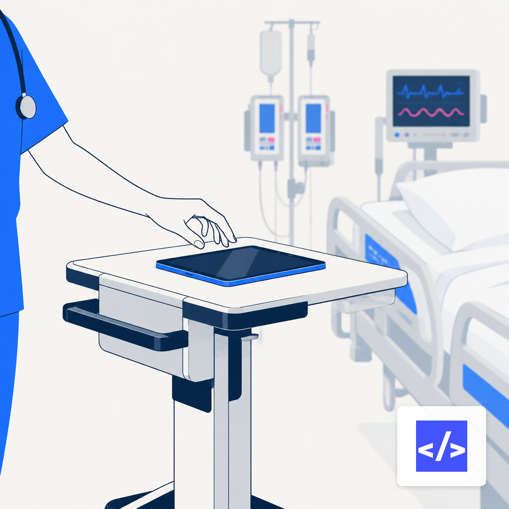 Clinician reaching for a tablet on a bedside workstation in a hospital room