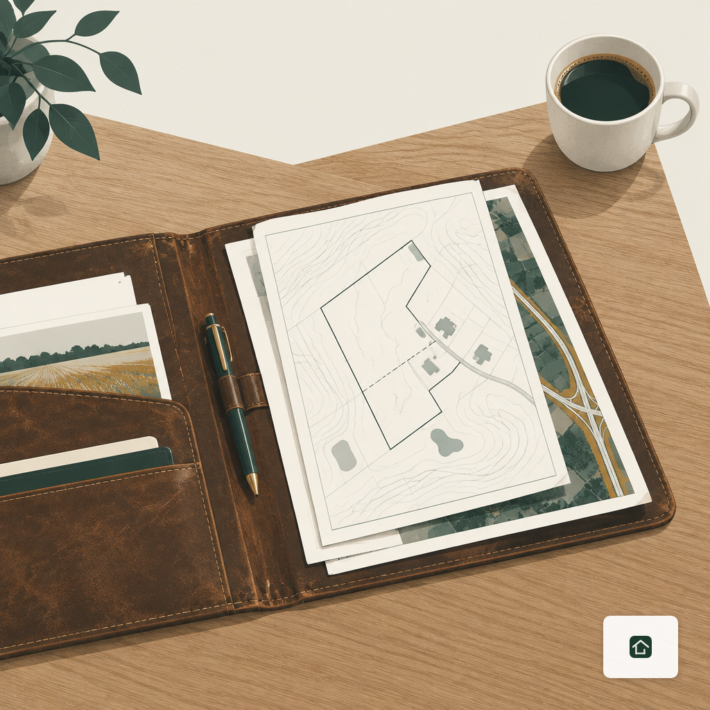 Open portfolio folder on a desk with property documents and a rolled survey drawing
