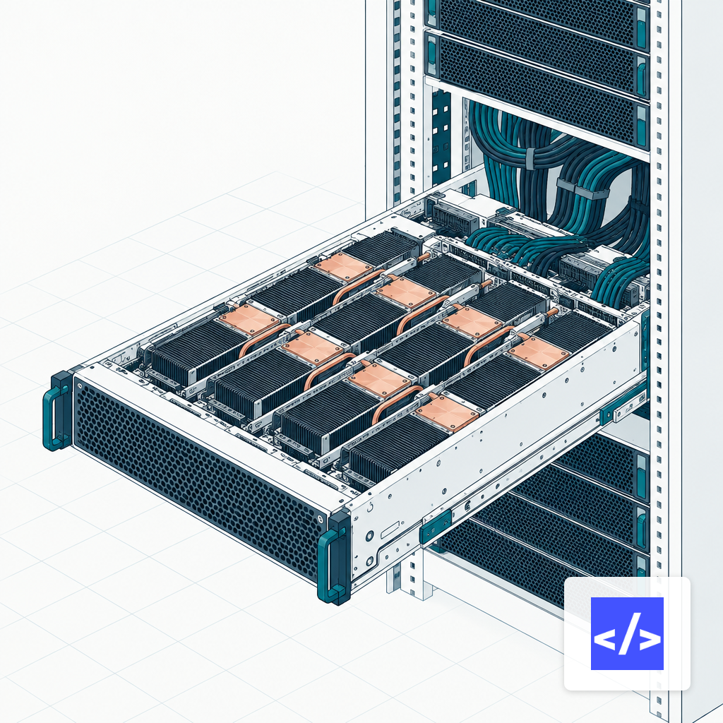 Close-up of an 8-GPU AI server chassis showing heatsinks and cooling plates