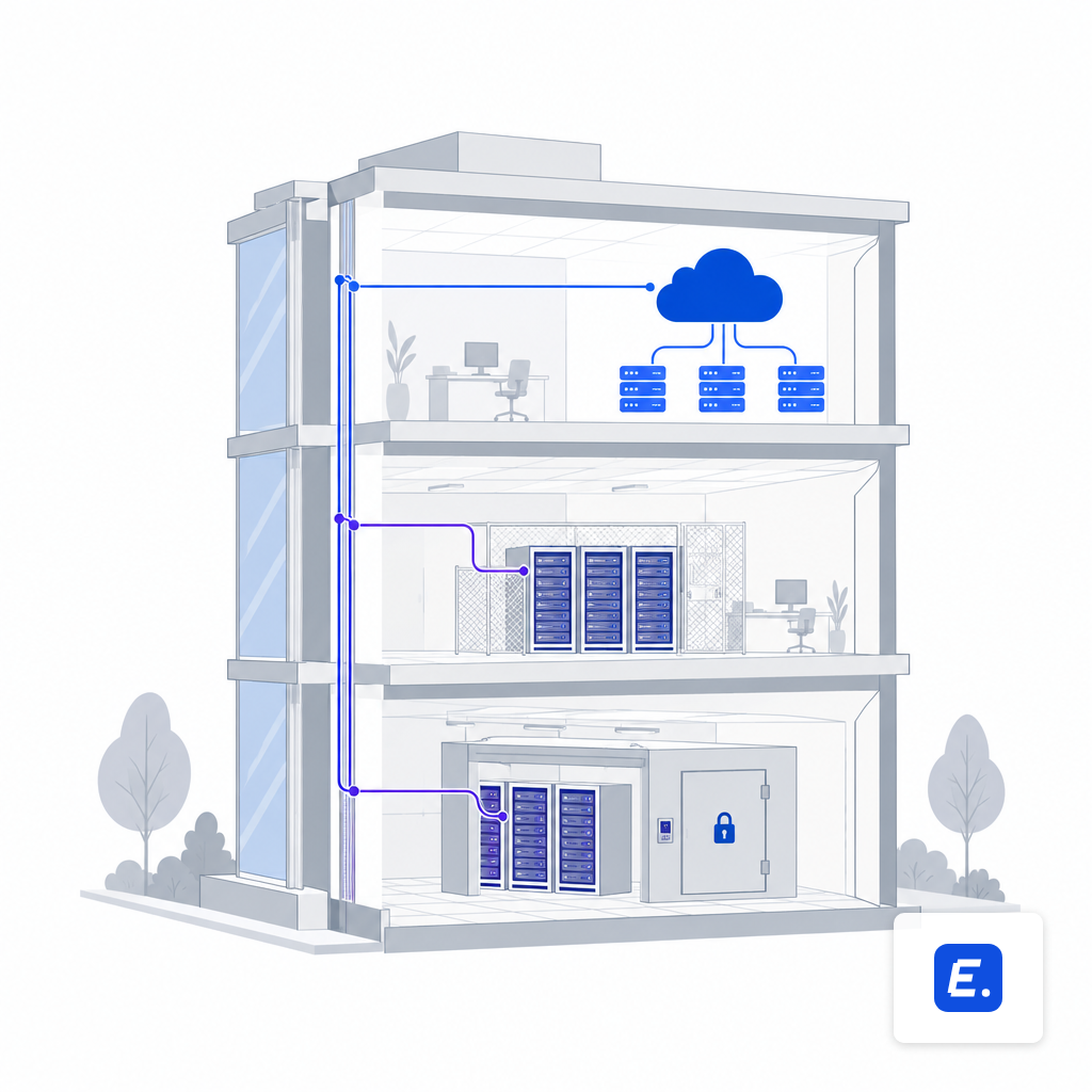 A three-tier building cross-section showing shared cloud, private vendor VPC, and on-premise deployment layers