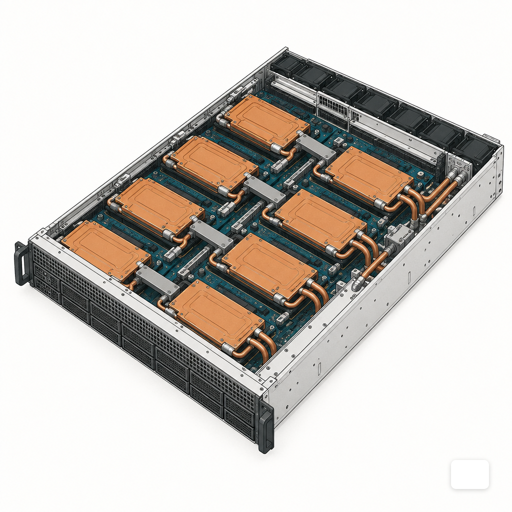 An opened 8-GPU server chassis showing GPU modules, interconnects, and cold plates on the baseboard.