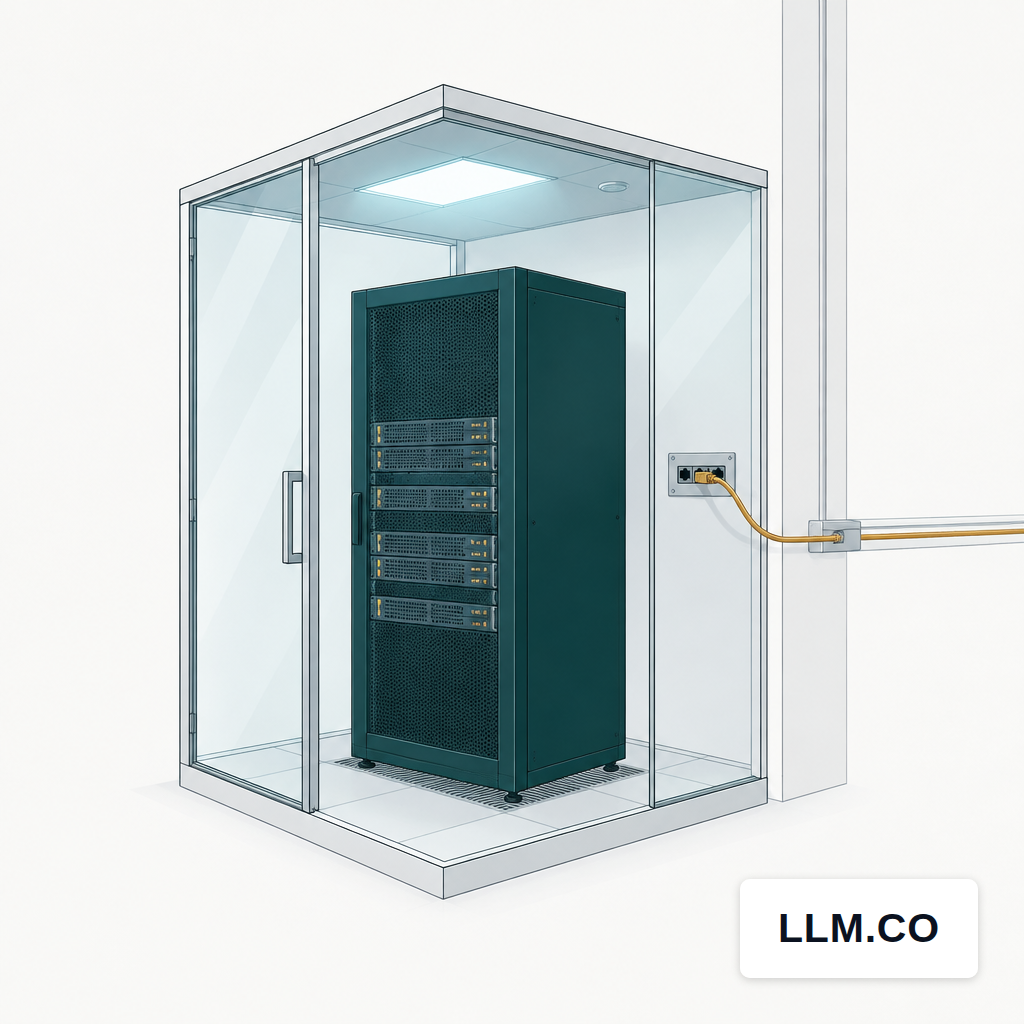 A rack-mounted server appliance in a glass-walled compliance closet with a single cable running out.