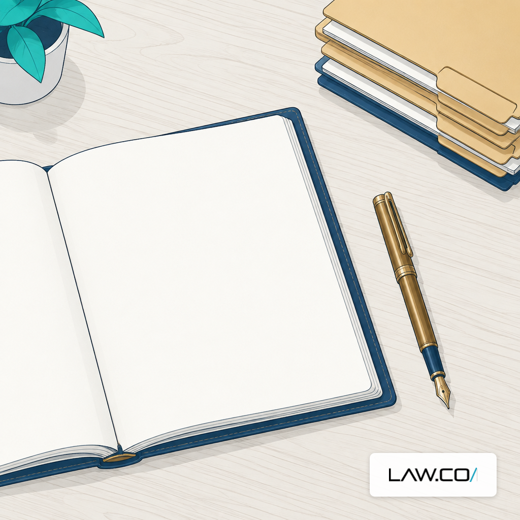 An overhead view of a leather ledger, fountain pen, and stack of file folders on a wooden desk.