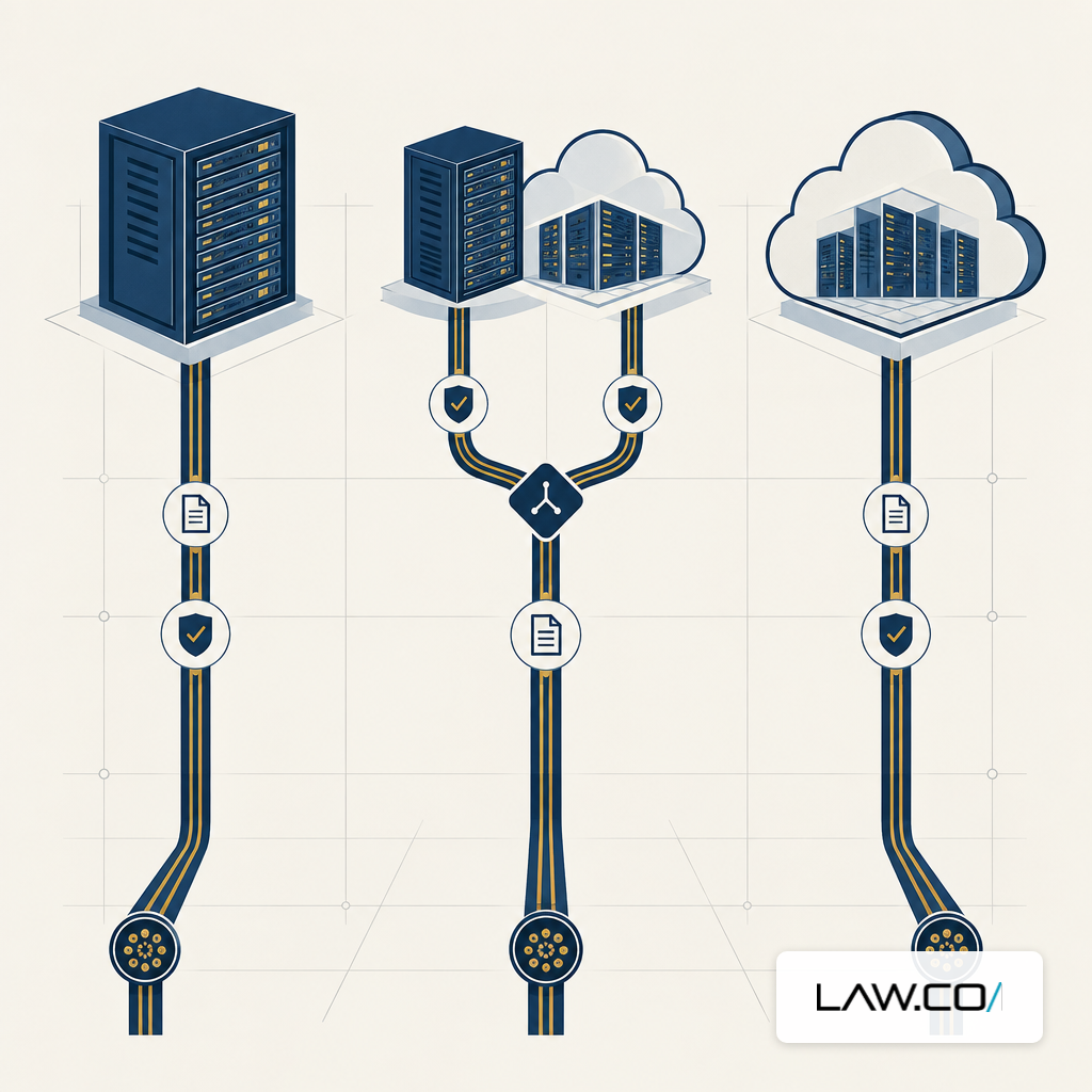 Three parallel corridors representing on-prem, VPC, and hybrid deployment paths converging through fiber cabling