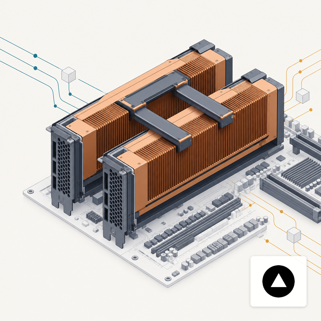 Two datacenter GPUs connected with an NVLink bridge, illustrating the hardware footprint of a self-hosted 70B model