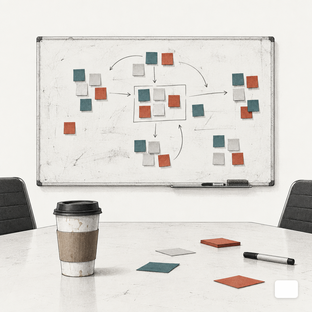 A conference room whiteboard crowded with sticky notes and arrows beside a cold coffee cup.
