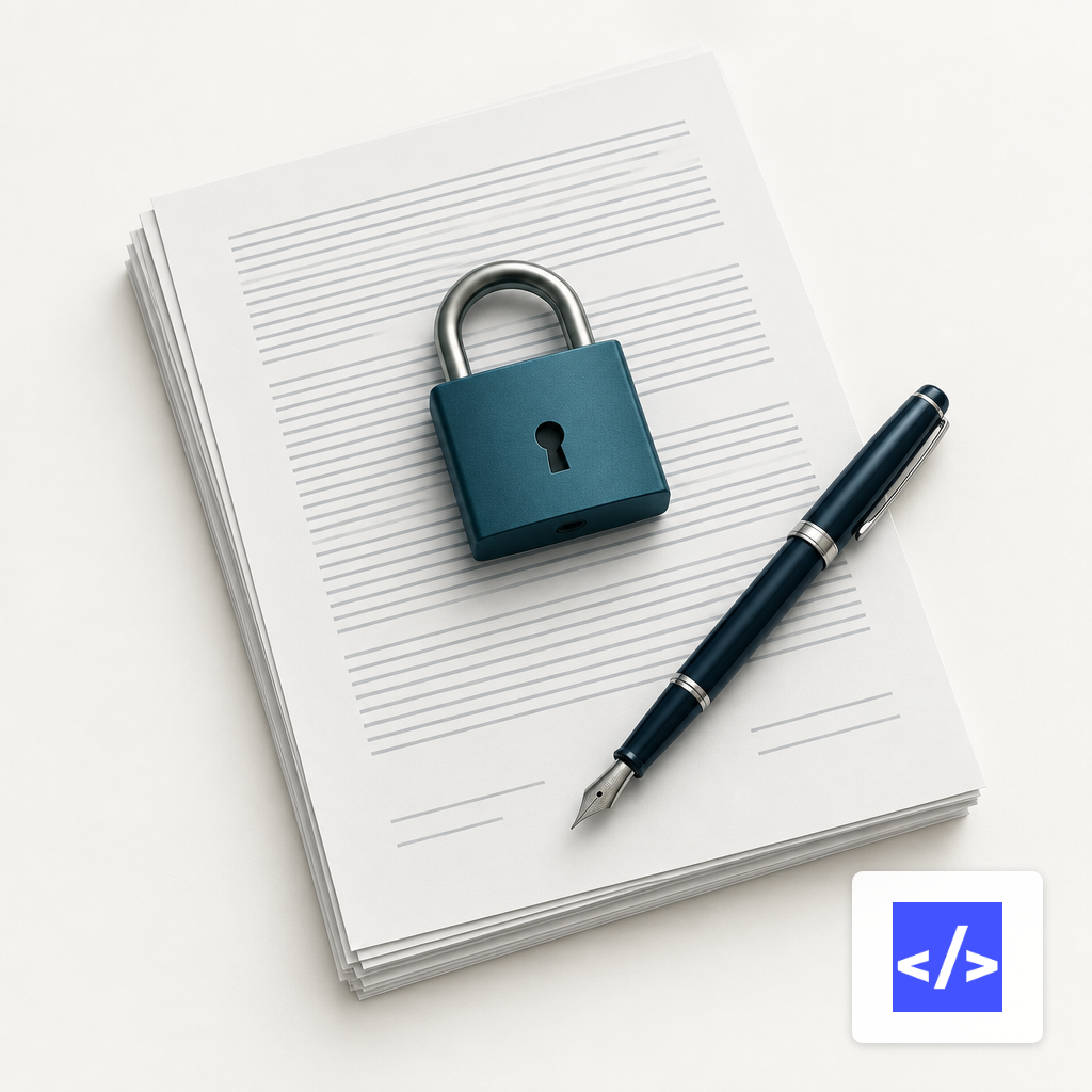 A padlock and fountain pen resting on a stack of contract pages, representing signature-time protections in a private LLM procurement.