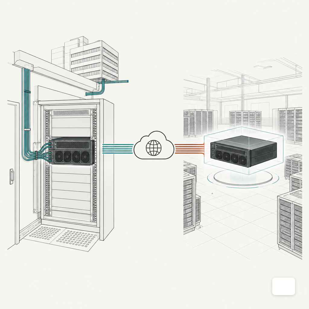 Split illustration contrasting a local GPU appliance in a server closet with a remote cloud-hosted inference service