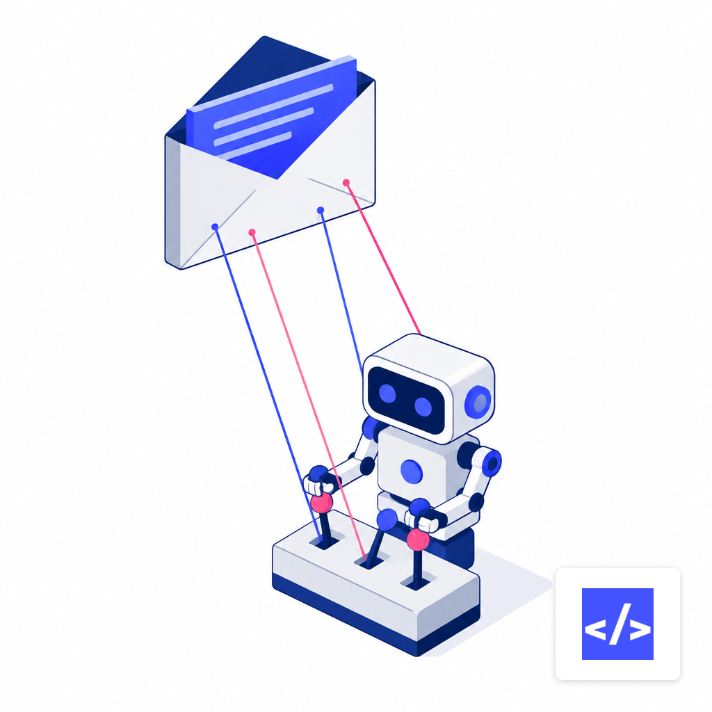 A mail envelope with hidden strings pulling levers on a small robot figure