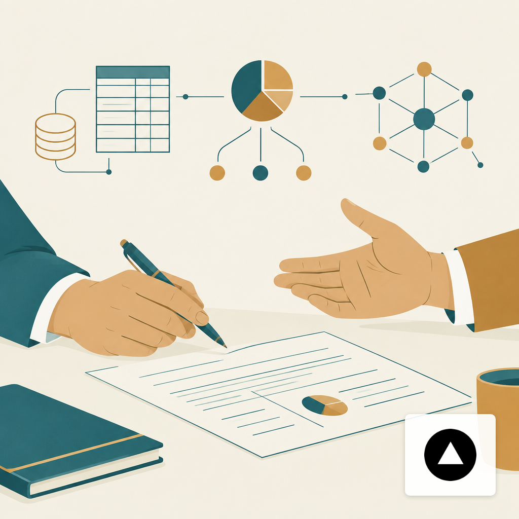 Two people across a desk during a structured intake conversation, one taking notes on a document.