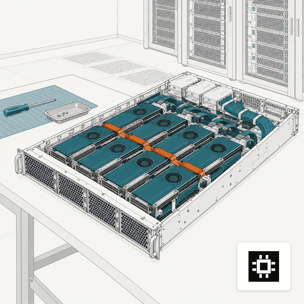 Open eight-GPU server chassis on a workbench showing GPUs, NVLink bridges and cabling.