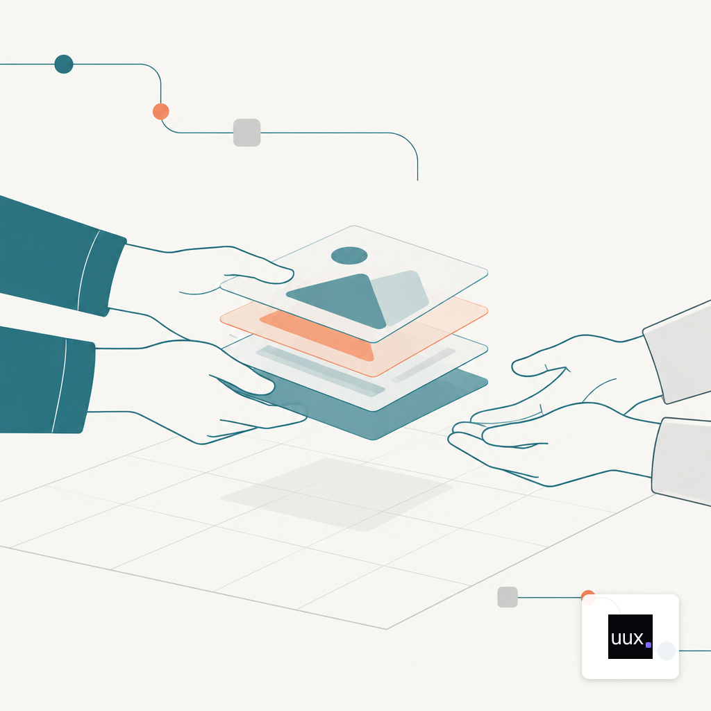 Layered design file being handed across a desk between two people