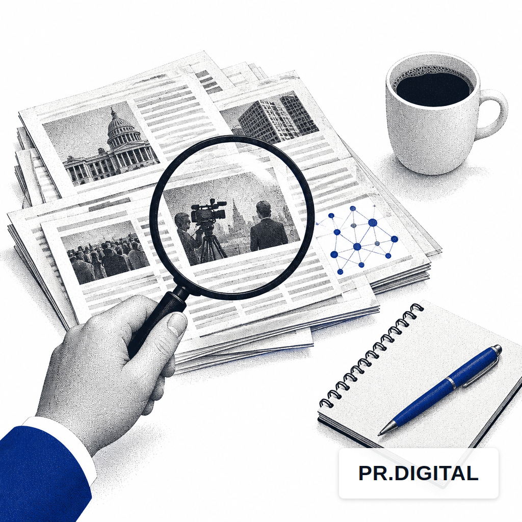 A magnifying glass over printed press clippings on a desk beside a notebook and coffee cup