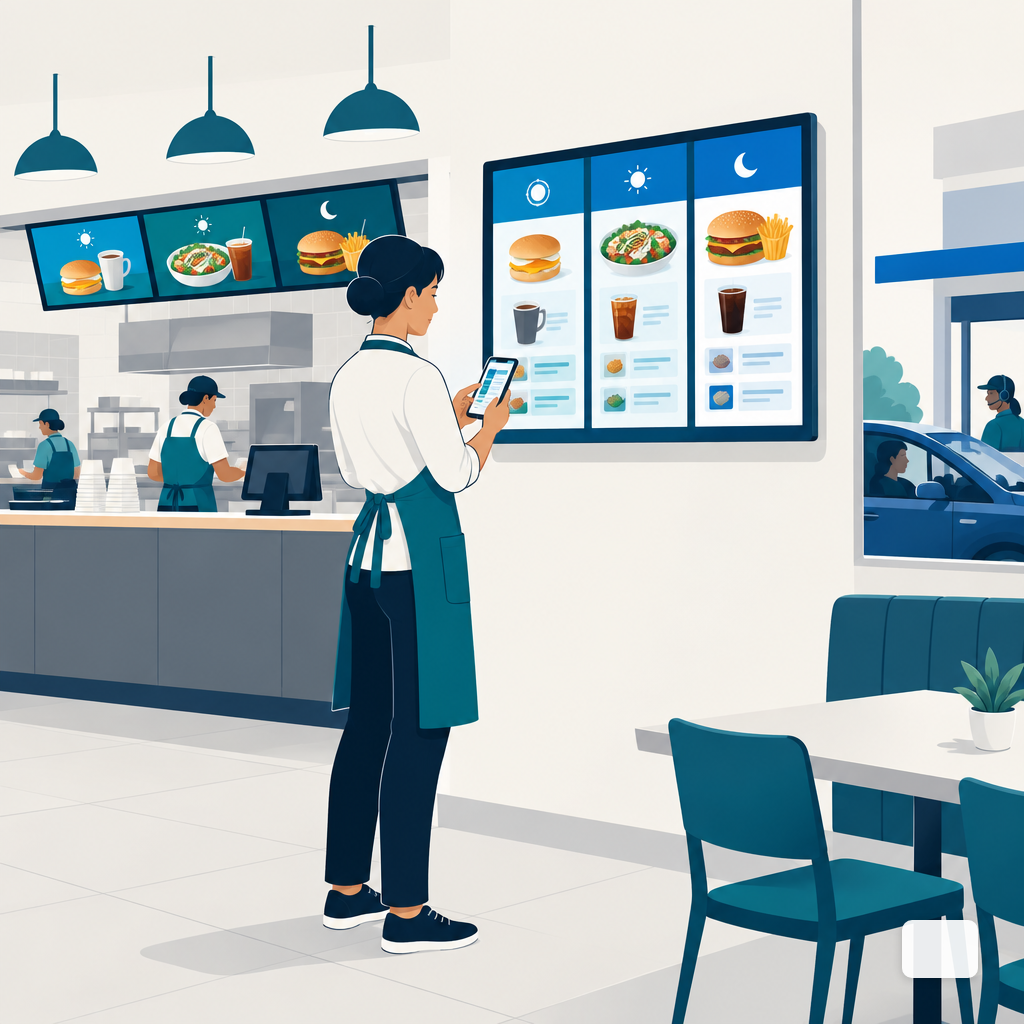 Restaurant manager updating a menu board screen from a phone during a shift