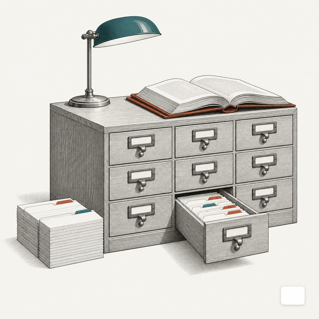 An open card catalog drawer next to a stack of index cards and a leather-bound book.