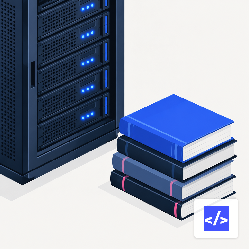 A server rack beside a stack of reference books, illustrating the fusion of retrieval infrastructure and a knowledge corpus