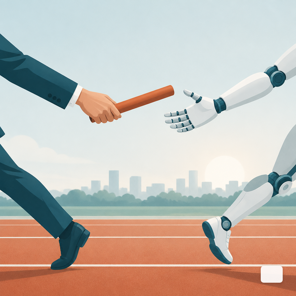 A relay baton passed from a human hand to a robotic hand on a running track