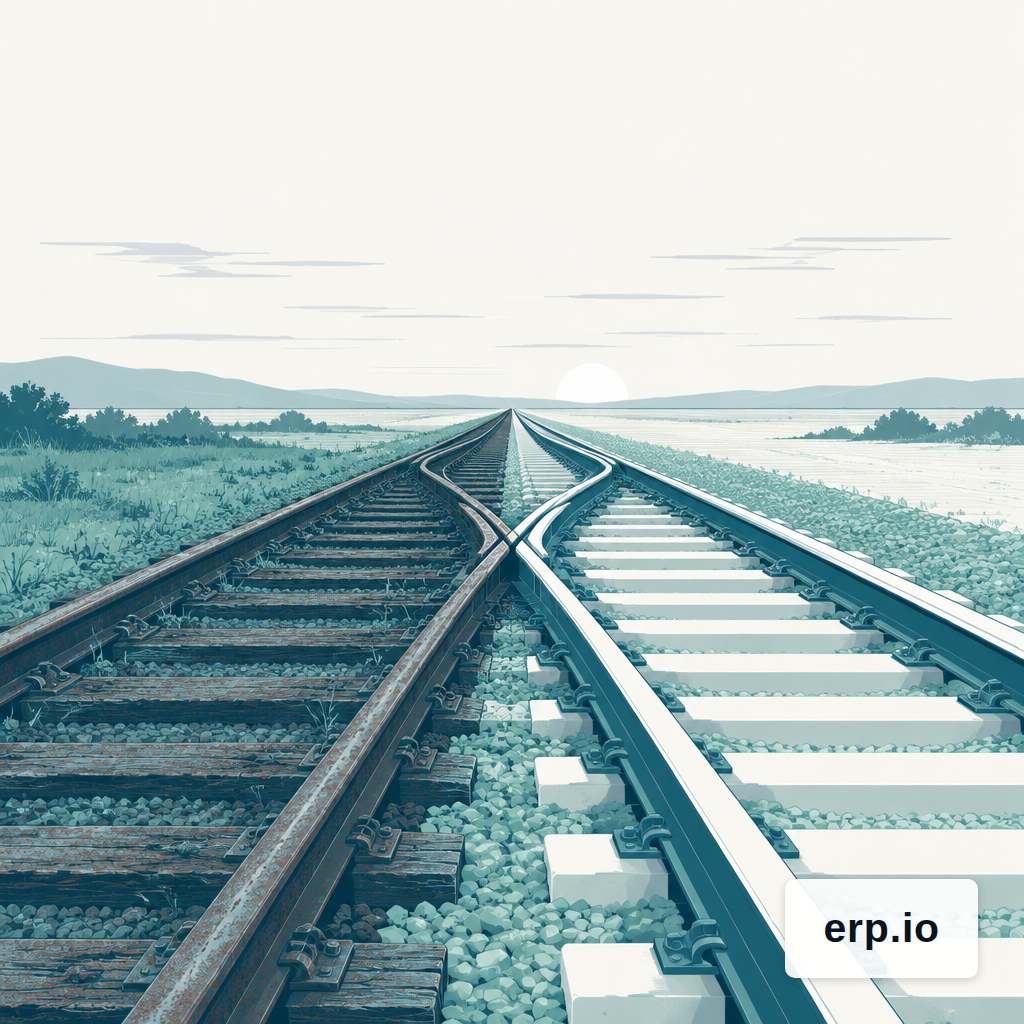 Two rail tracks meeting at a switch, one older and one newly laid, illustrating the choice between wrapping and replacing