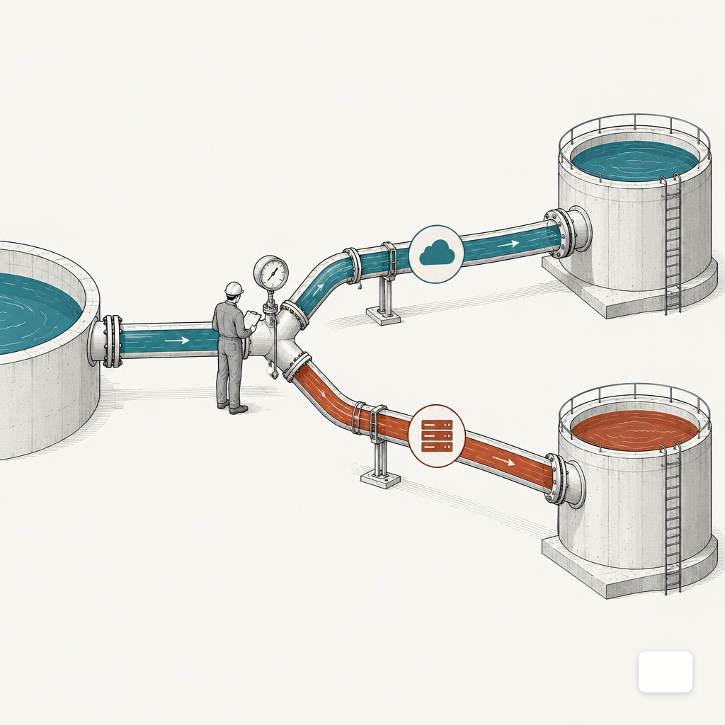 A split pipe system directing the same flow into two reservoirs, with a technician checking a comparison gauge at the junction.