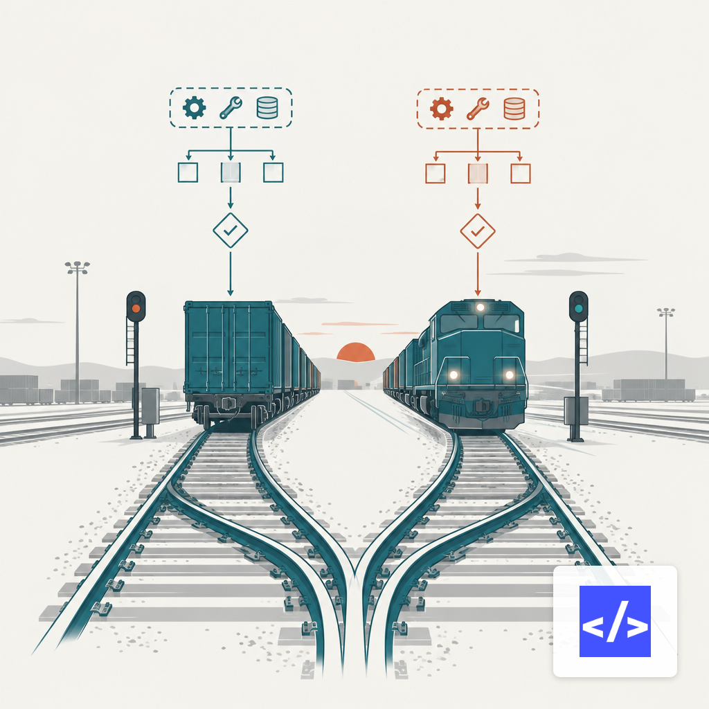 Two parallel railway tracks at dusk with trains running alongside each other
