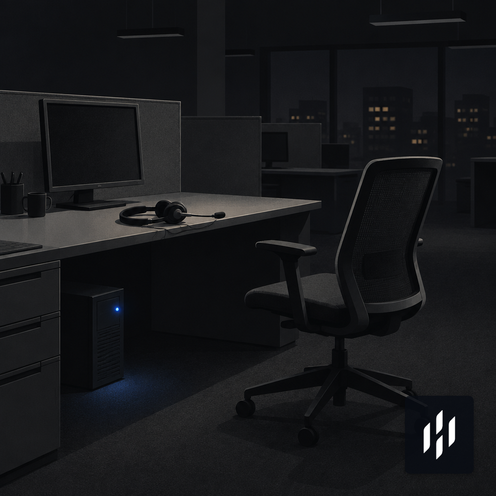 Empty call center desk at night with headset on the desk and a small glowing server underneath.
