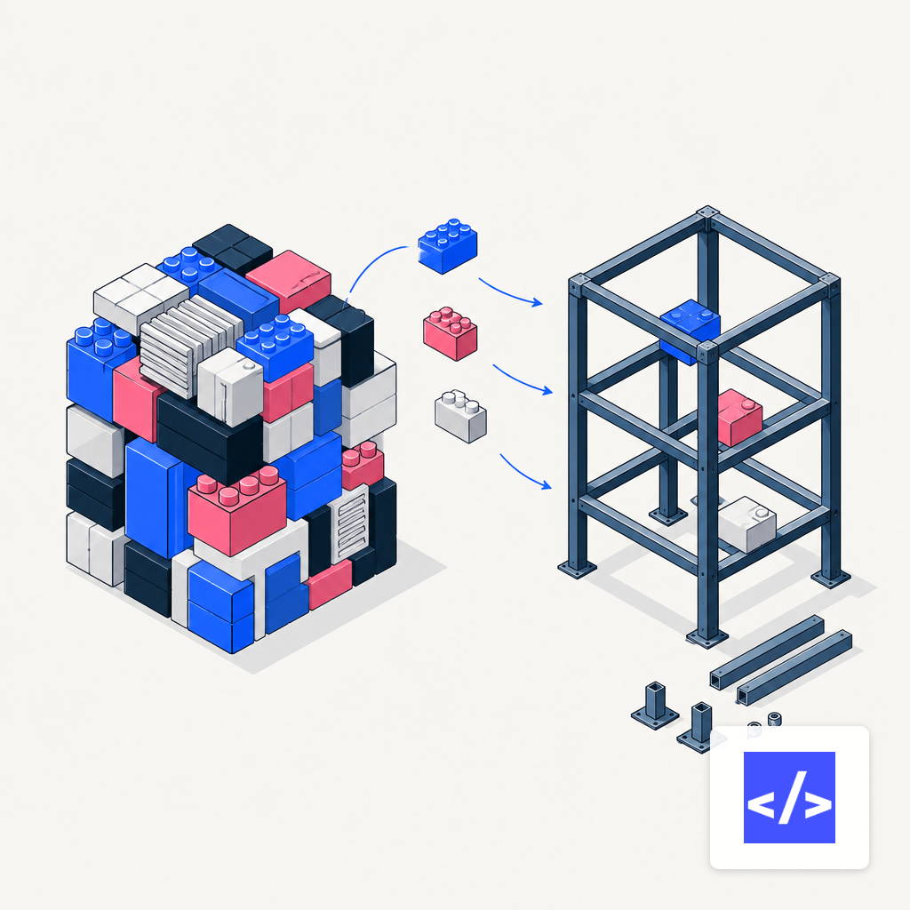 Model showing a crowded low-code structure on the left and a clean custom-built frame being assembled on the right