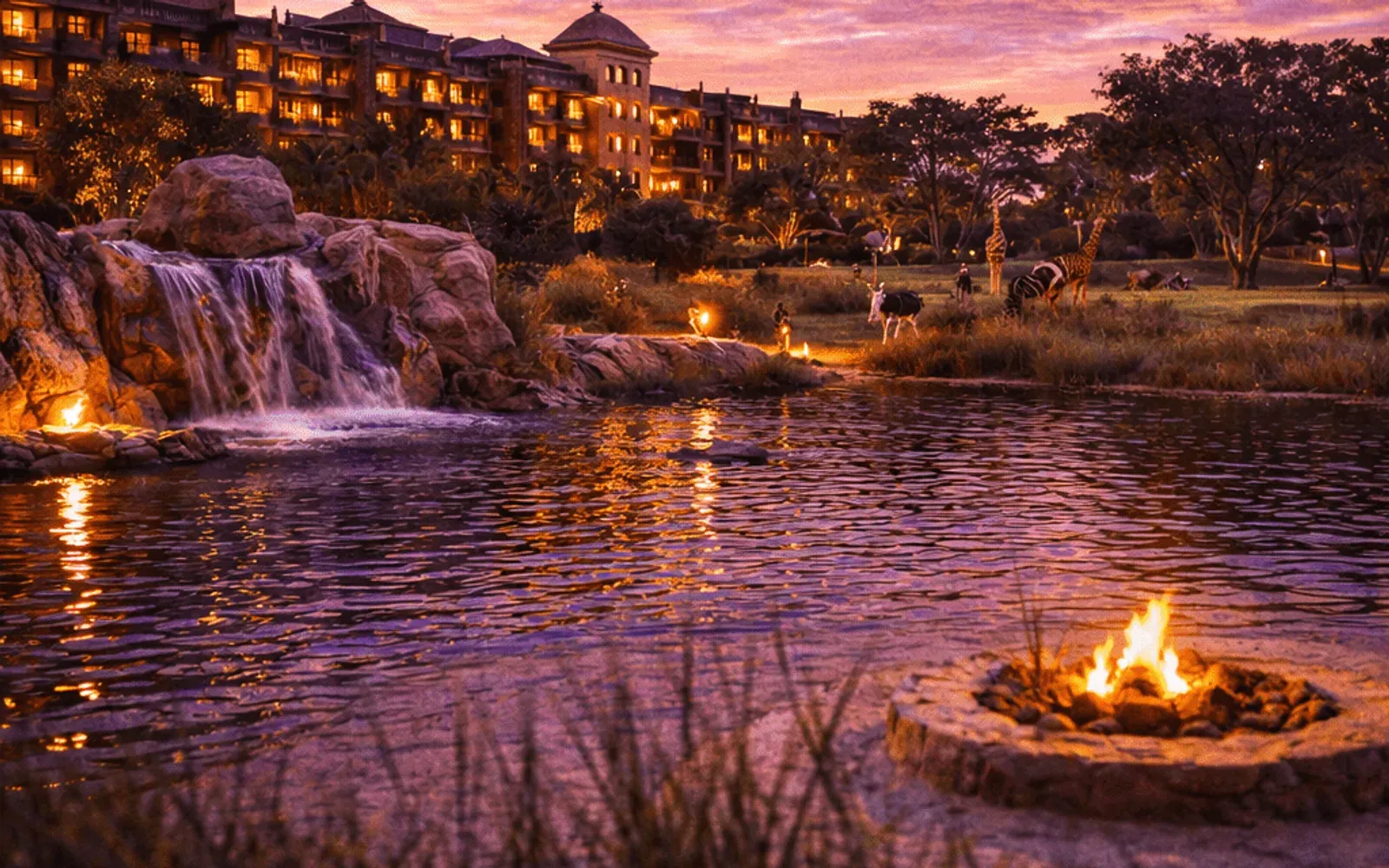 Illustrated sunset view of Disney's Animal Kingdom Lodge across the water.