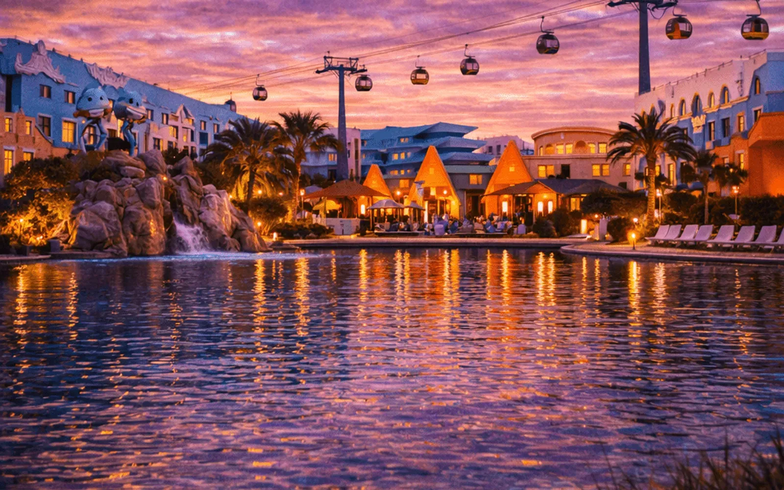 Illustrated sunset view of Disney's Art of Animation Resort across the water.
