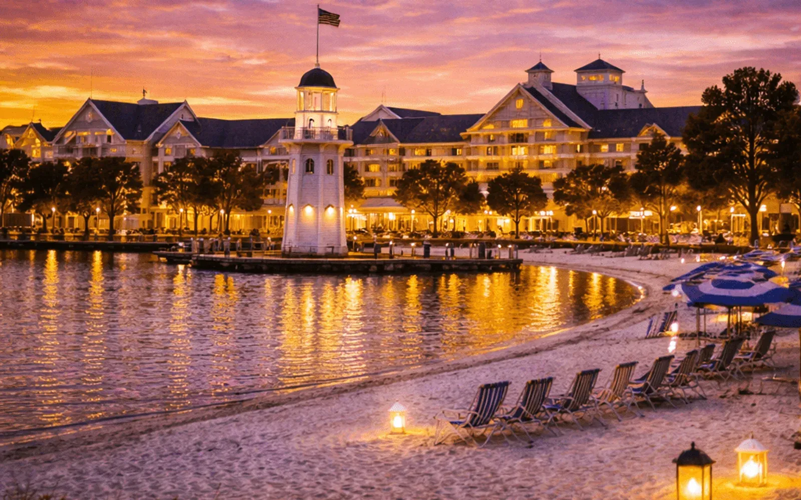 Illustrated sunset view of Disney's Beach Club Resort across the water.
