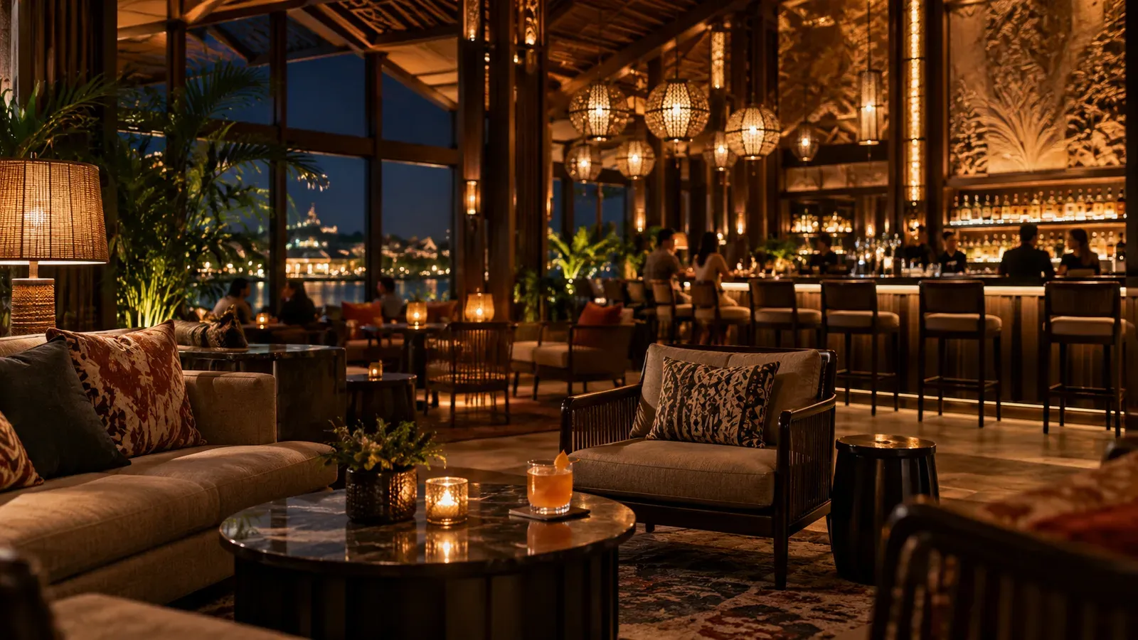 Illustrated Disney resort lounge at night with low lighting, armchairs and a lagoon view.