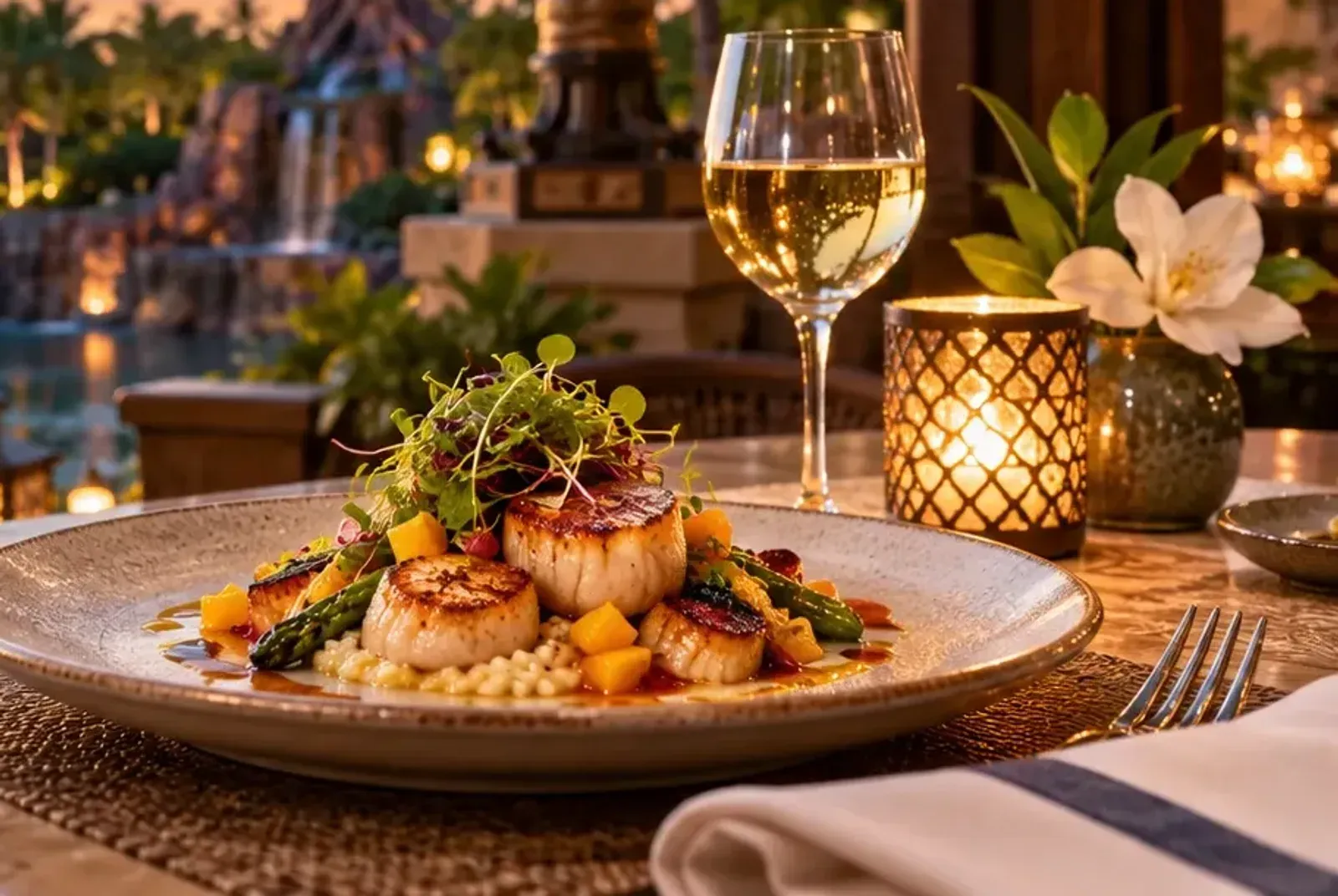 Illustrated resort dinner table with seared scallops and white wine by a lagoon at sunset.