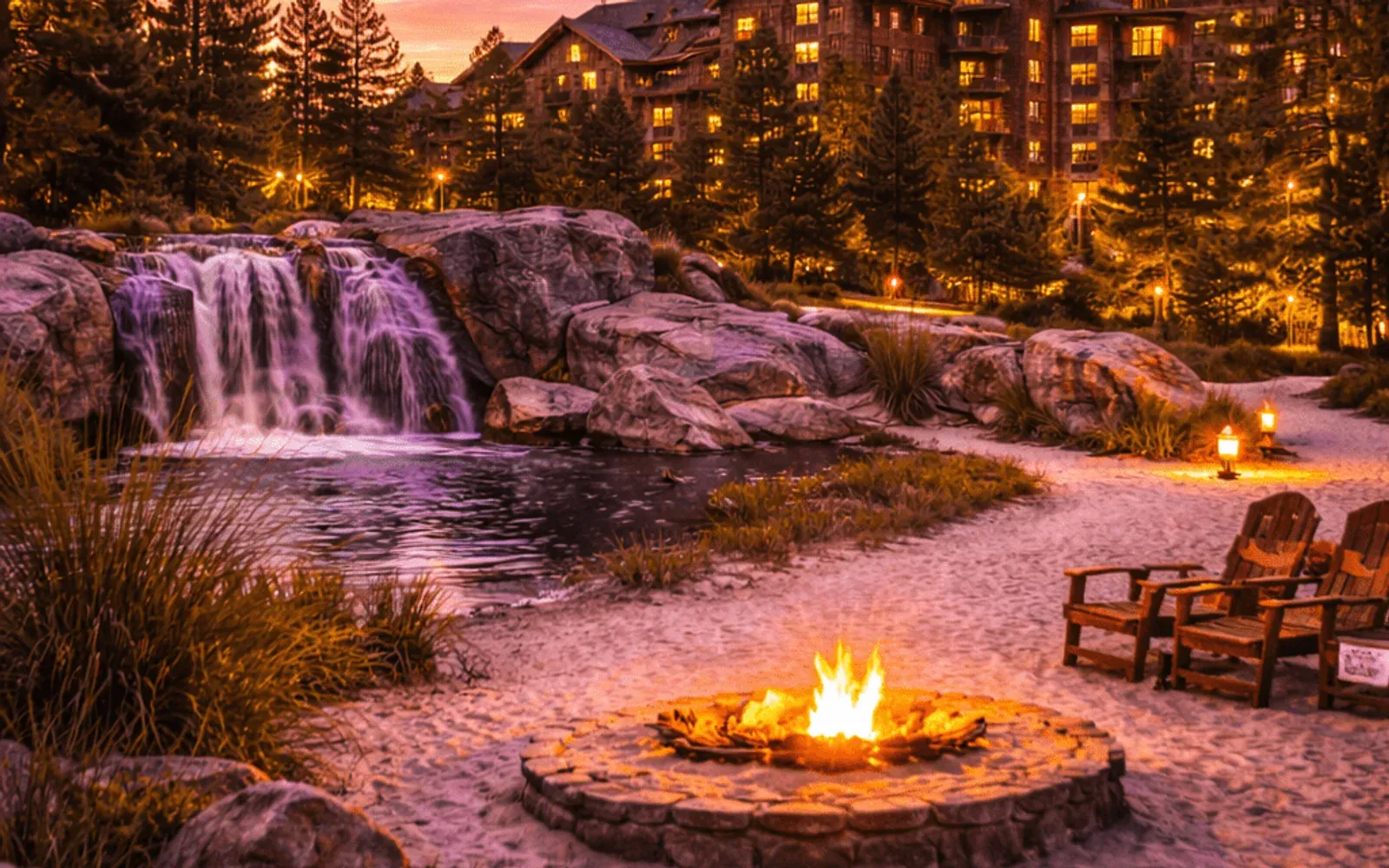 Illustrated sunset view of Copper Creek Villas & Cabins at Disney's Wilderness Lodge across the water.