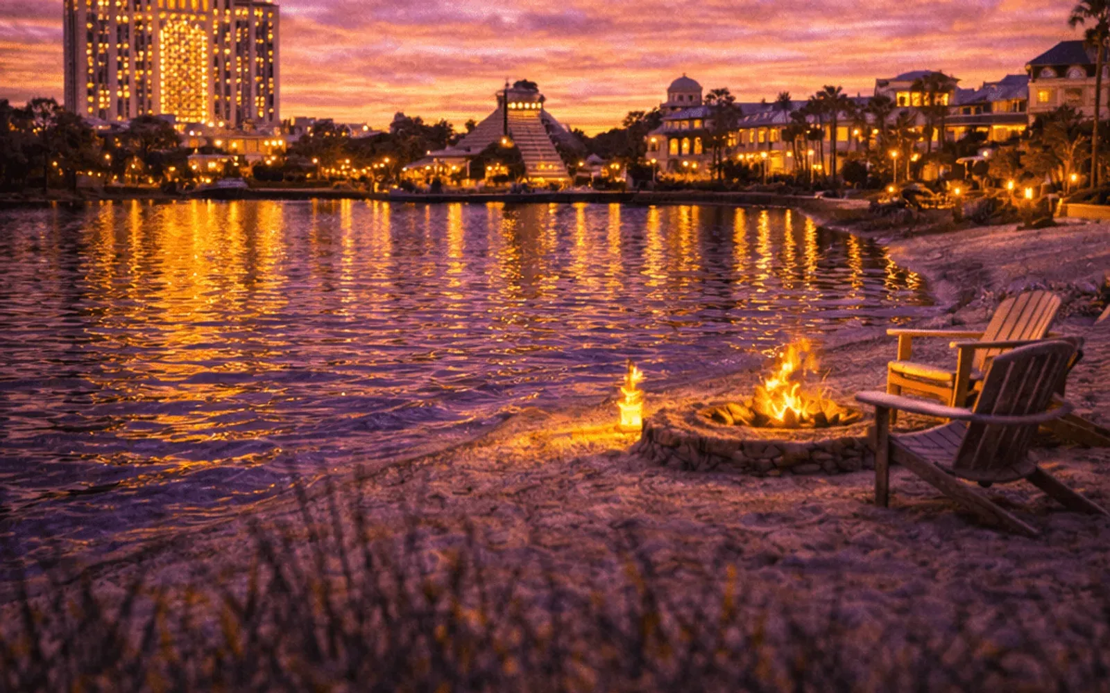 Illustrated sunset view of Disney's Coronado Springs Resort across the water.