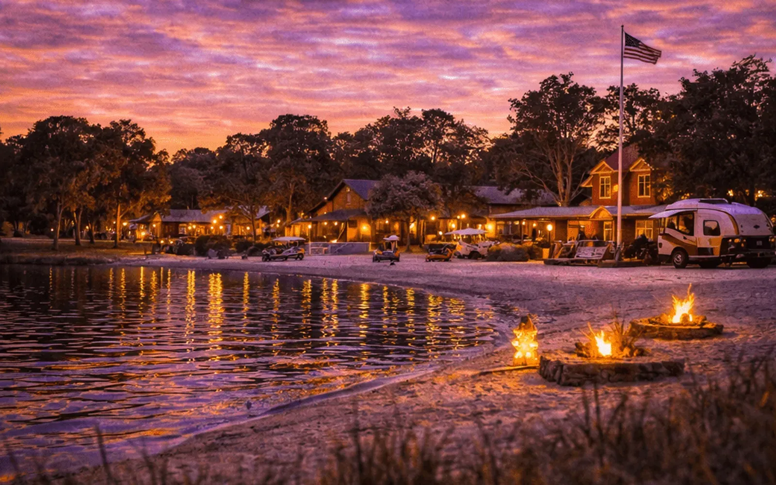 Illustrated sunset view of Disney's Fort Wilderness Resort across the water.