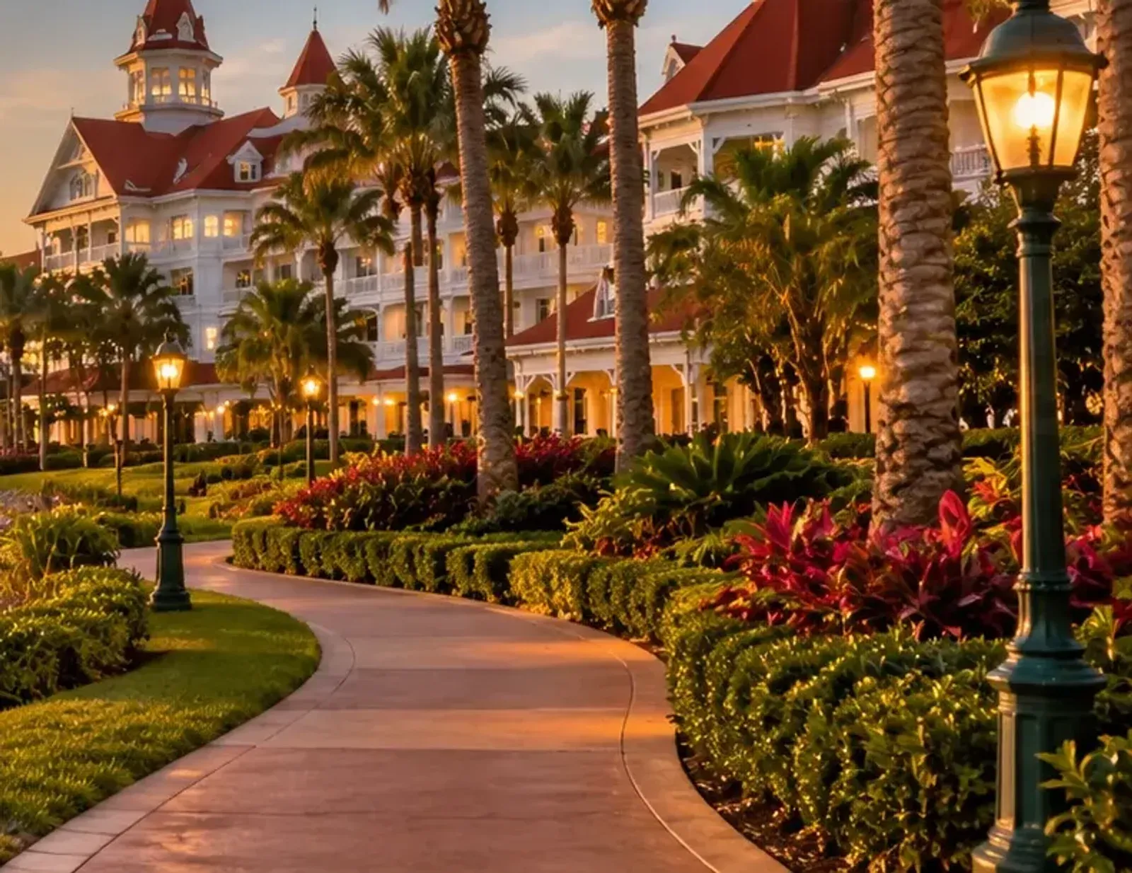Illustrated palm-lined resort walkway with lampposts at golden hour.