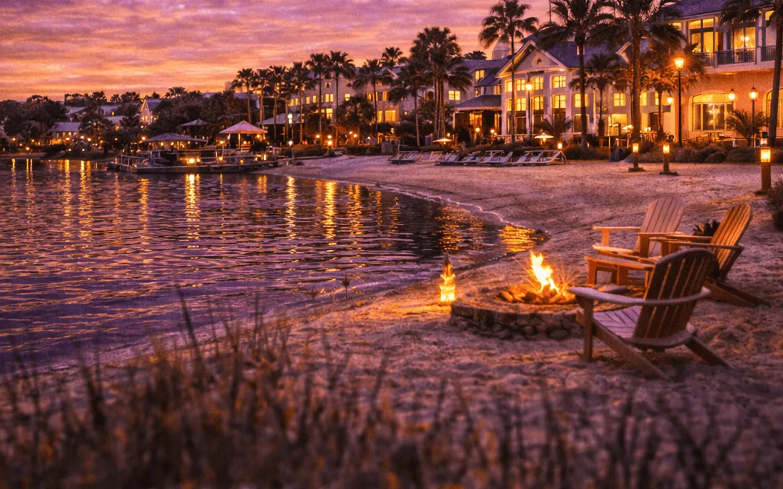 Illustrated sunset view of Disney's Old Key West Resort across the water.