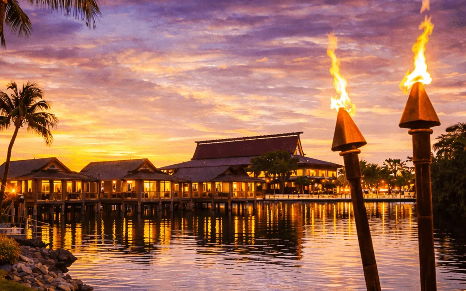 Illustrated sunset view of Disney's Polynesian Village Resort across the water.