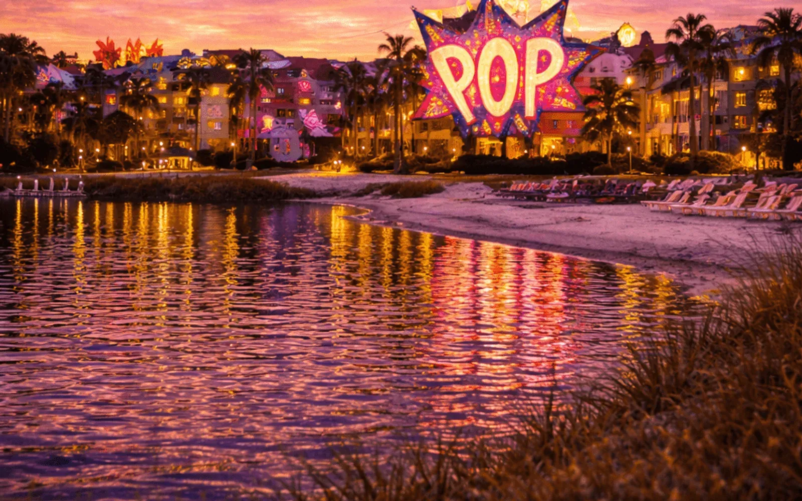 Illustrated sunset view of Disney's Pop Century Resort across the water.