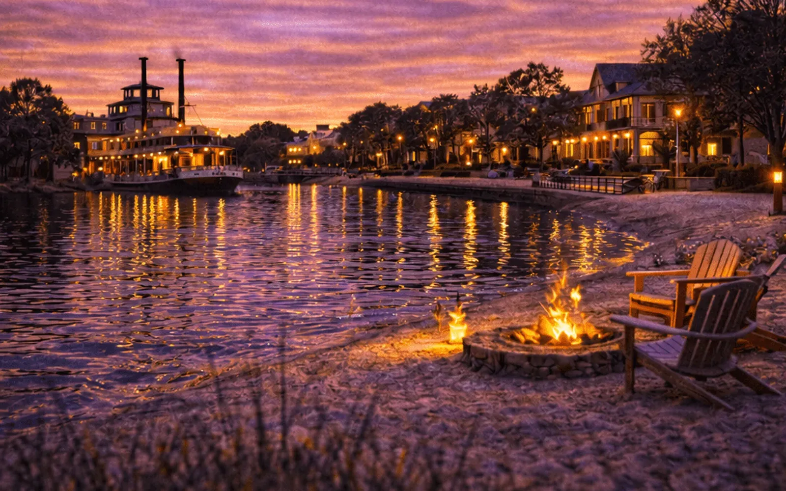 Illustrated sunset view of Disney's Port Orleans Resort across the water.