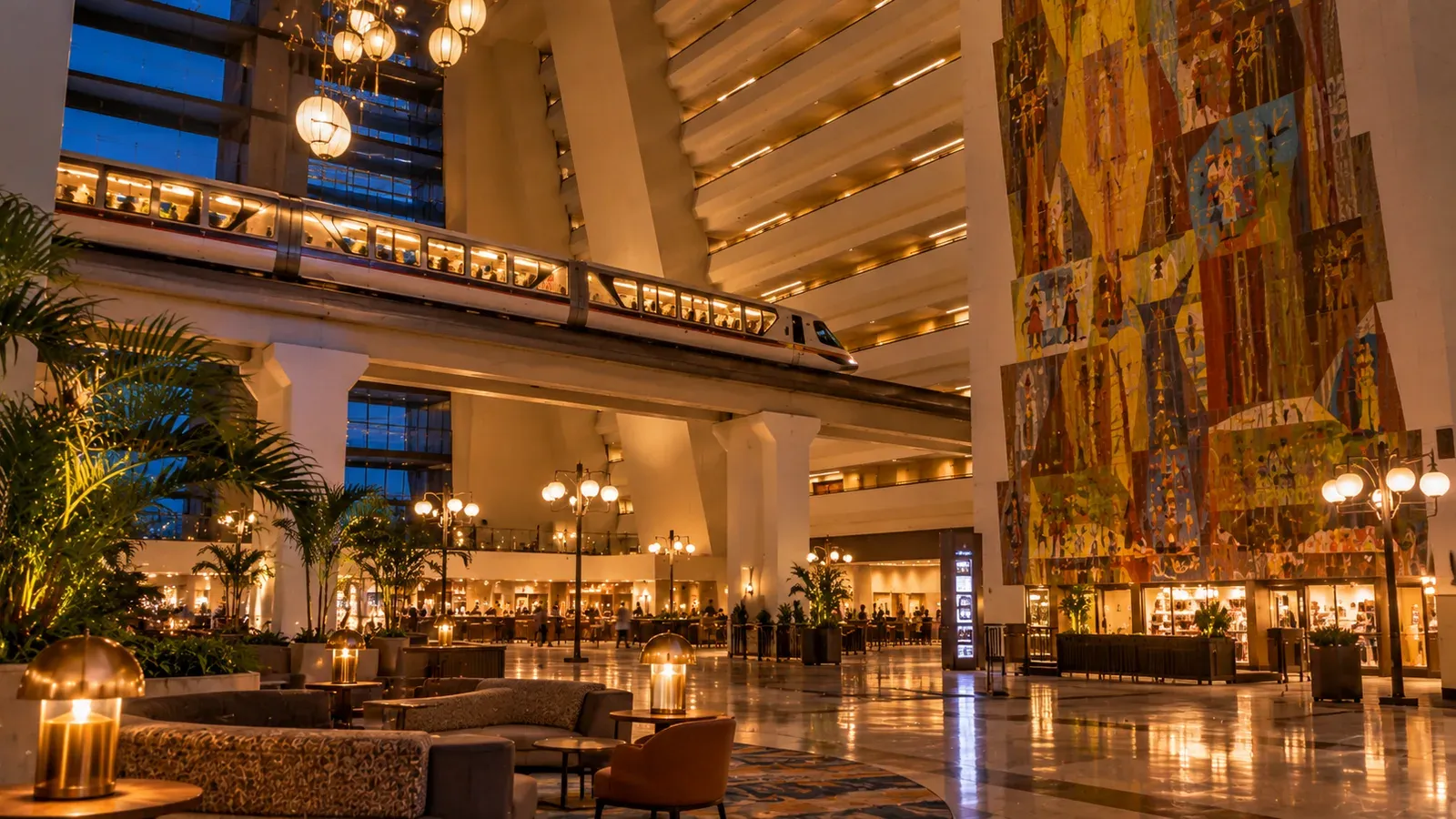 Illustrated Disney resort lobby with the monorail passing overhead at dusk.