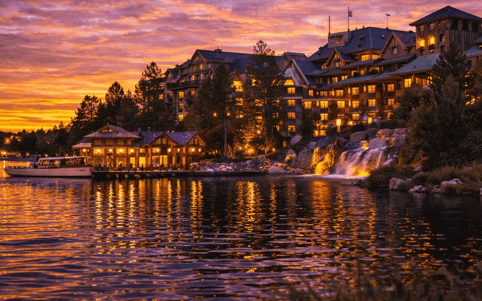 Illustrated sunset view of Disney's Wilderness Lodge across the water.