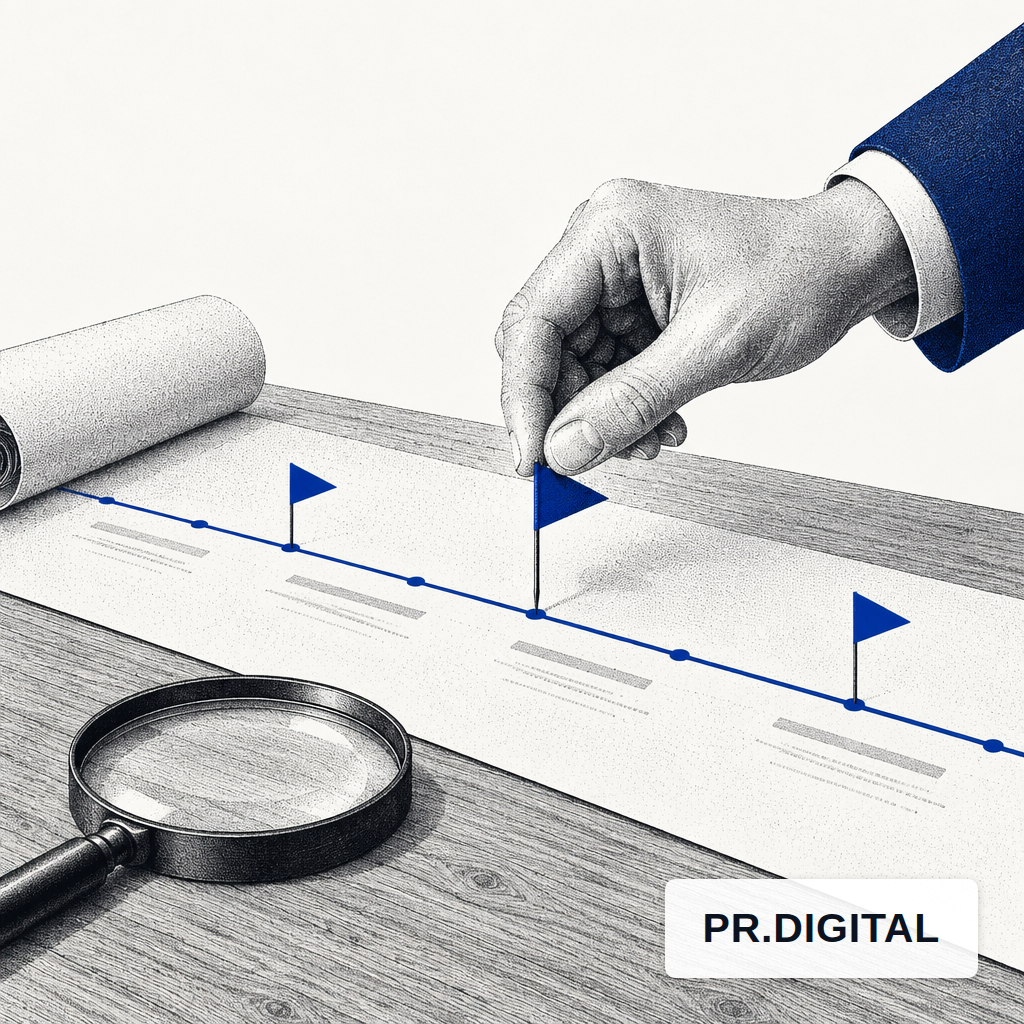 Hand placing marker flags along a paper timeline on a wooden desk
