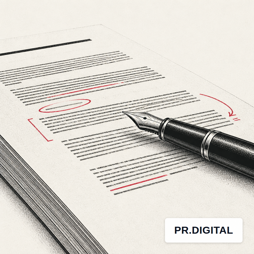 A fountain pen resting on a printed contract with red pencil annotations in the margins.
