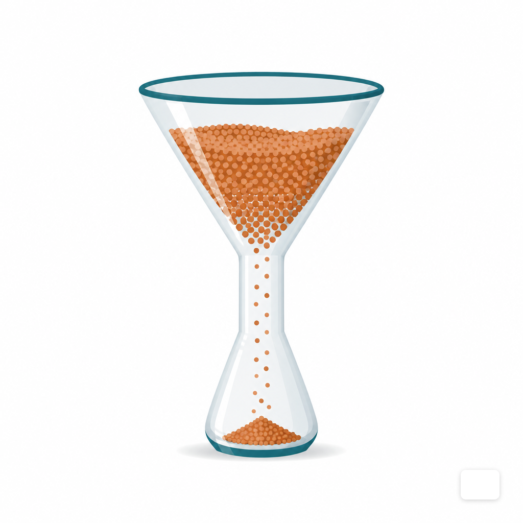 Sand filtering through a funnel with only a fraction collecting below, illustrating audience shrinkage.