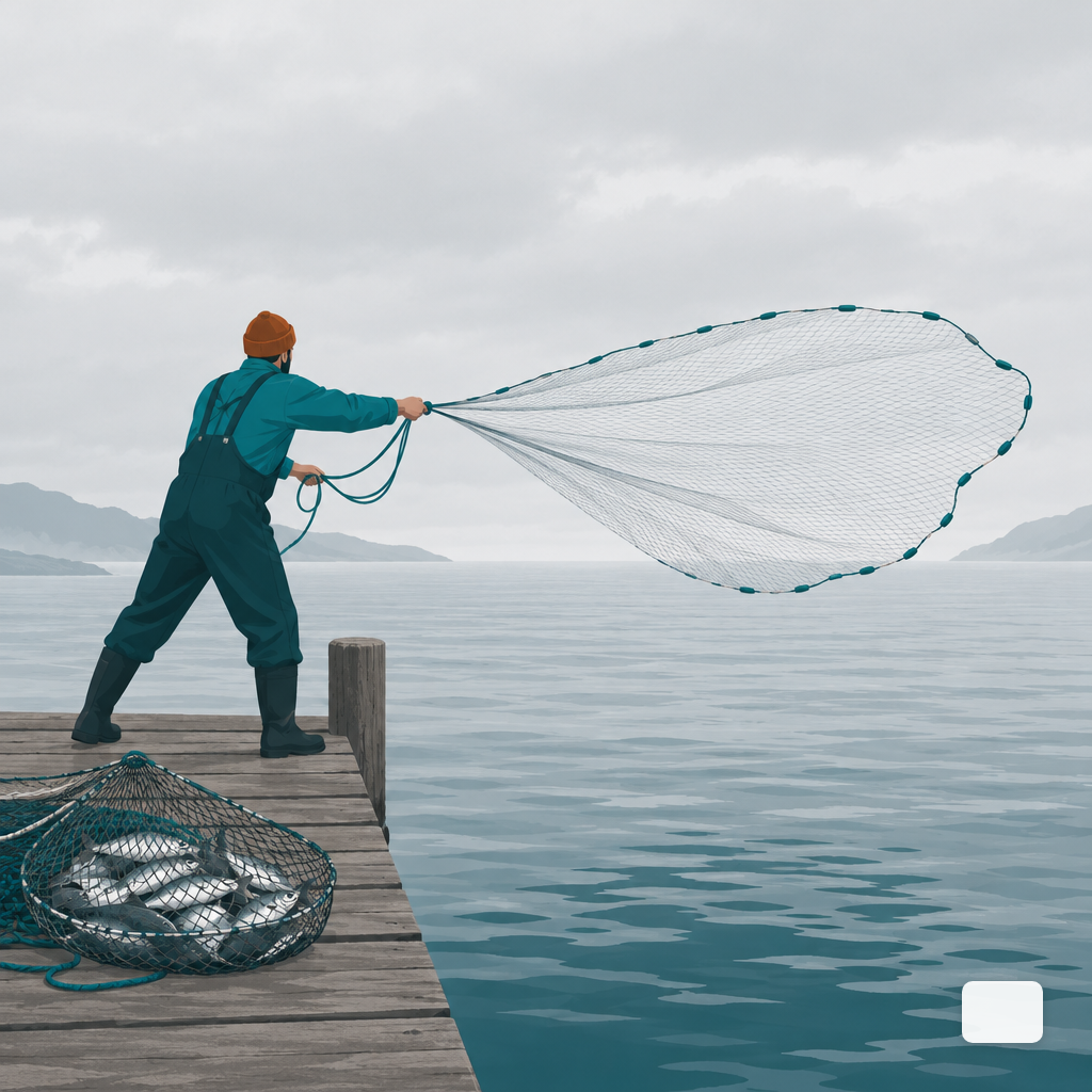 Fisherman casting a wide net while a smaller full net sits beside him on the dock
