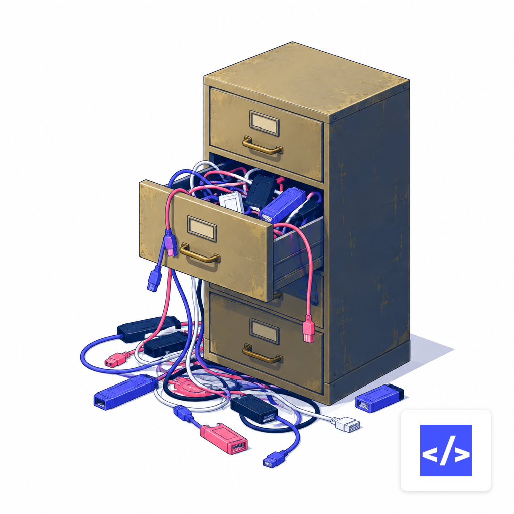An overstuffed brass filing cabinet with tangled cables spilling out of a stuck drawer, meant to evoke plugin sprawl.