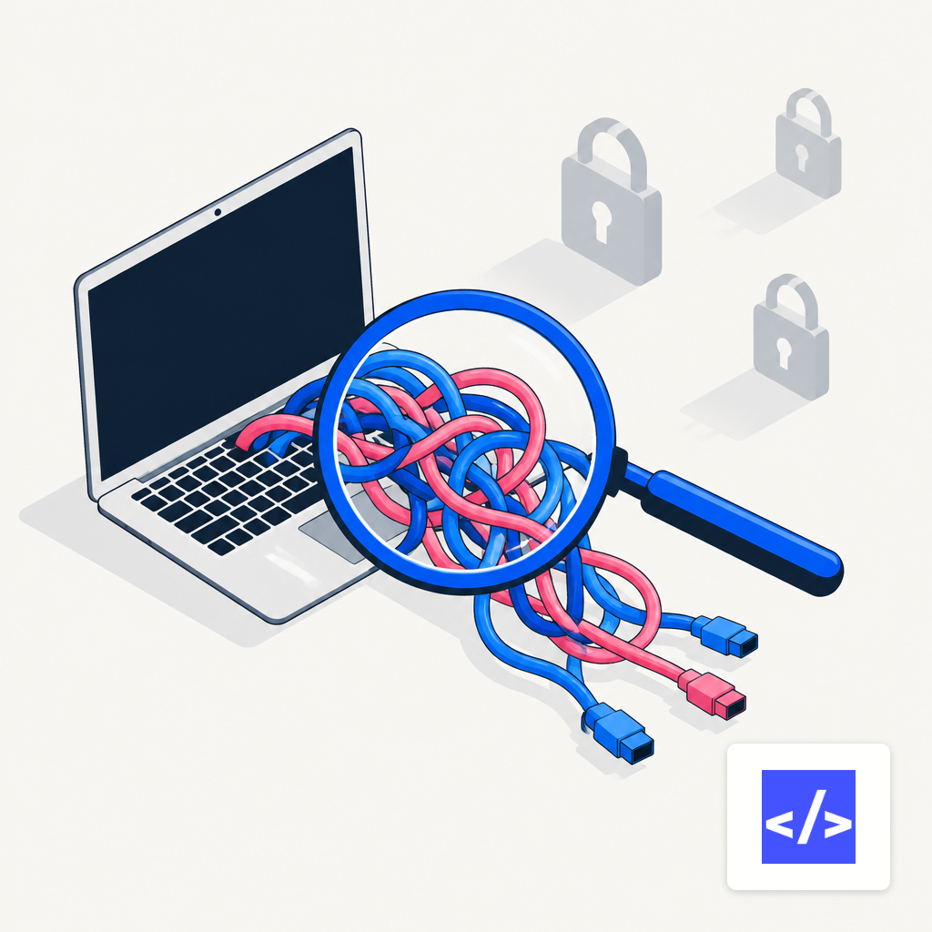 A magnifying glass examining tangled cables from a laptop, representing security auditing of AI-generated code
